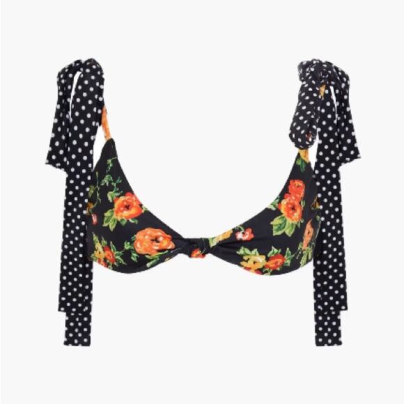 CAROLINE CONSTAS Clem Floral Black Polka Dot Tie Bow Shoulder Bikini Swim Top - Picture 1 of 6